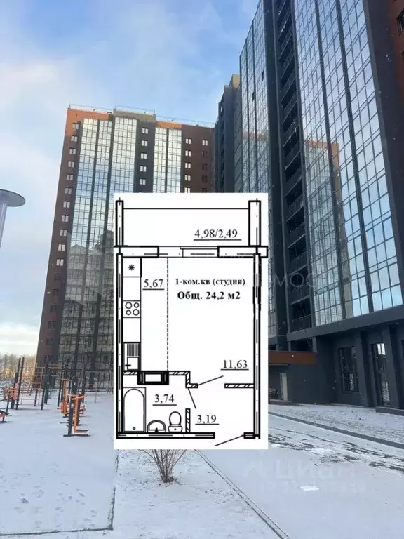 Студия Тюменская область, Тюмень ул. Алматинская, 5 (24.23 м) - Фото 2