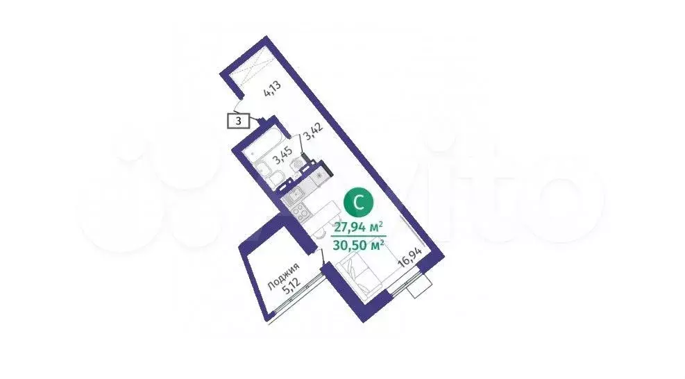Квартира-студия, 30,5 м, 5/14 эт. - Фото 1