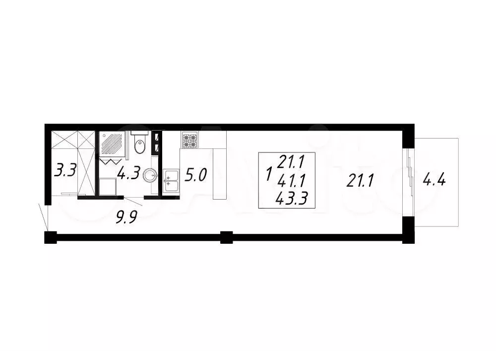 1-к. квартира, 43,3 м, 2/8 эт. - Фото 0