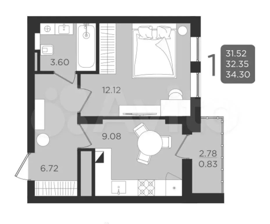 1-к. квартира, 32,4 м, 5/9 эт. - Фото 0