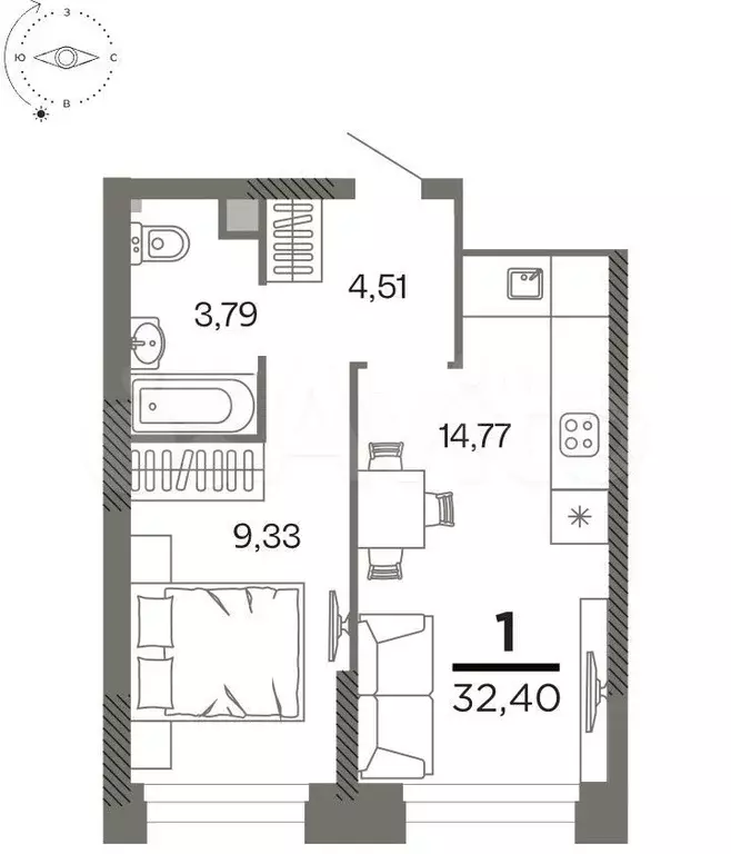 1-к. квартира, 32,4 м, 21/26 эт. - Фото 1