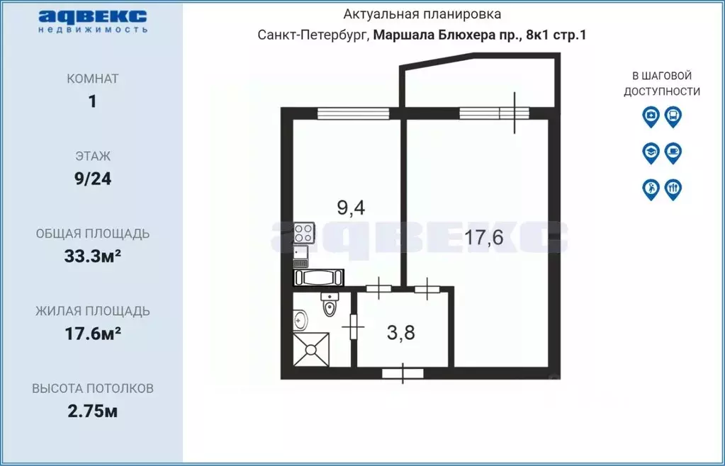 1-к кв. Санкт-Петербург просп. Маршала Блюхера, 8к1 (33.3 м) - Фото 2