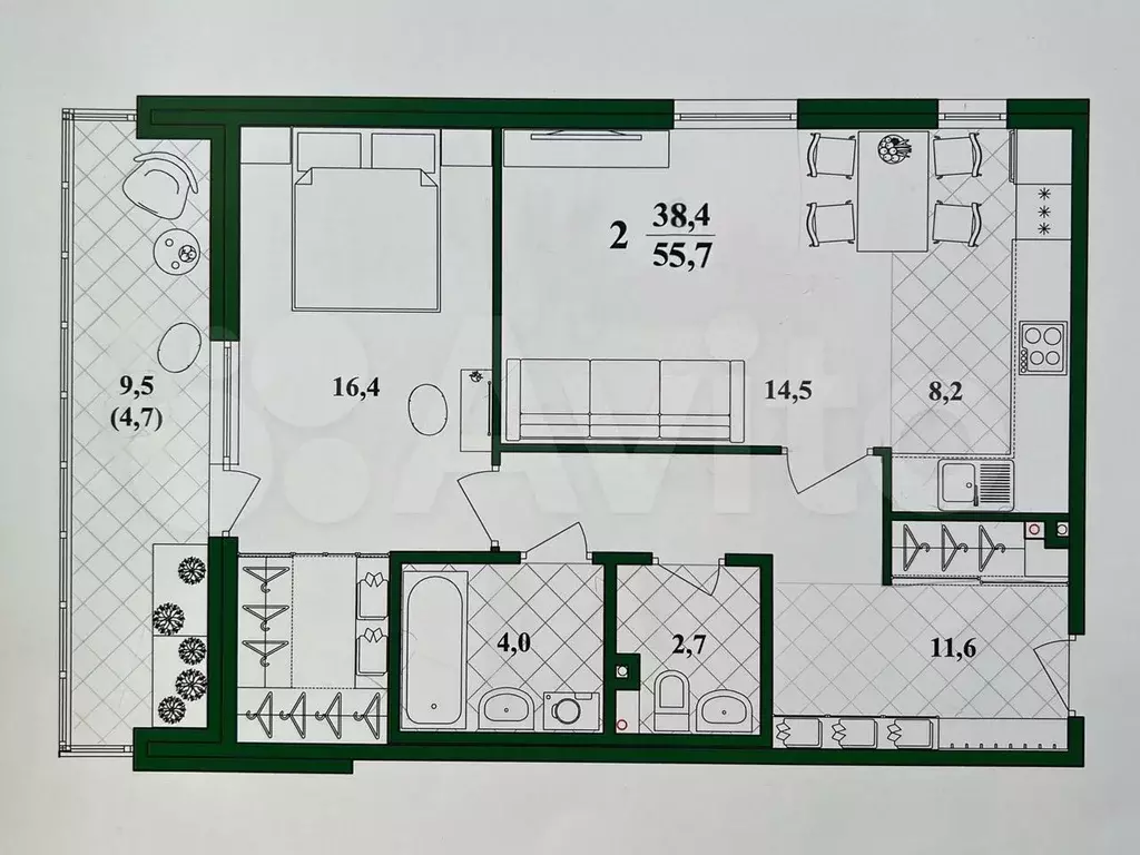 2-к. квартира, 55,7 м, 1/9 эт. - Фото 0