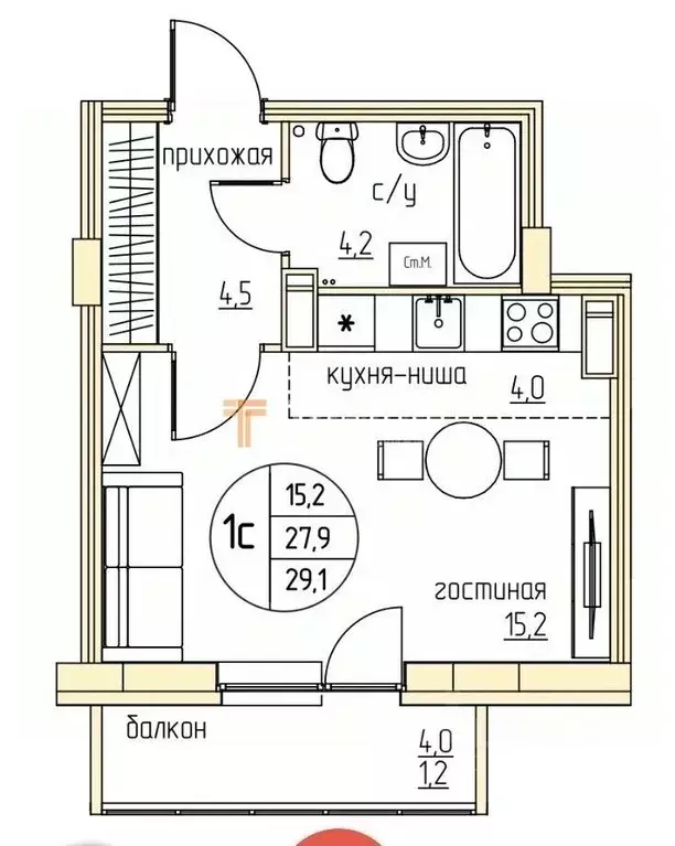 Студия Пермский край, Пермь Кустовая ул., 2А (27.7 м) - Фото 2