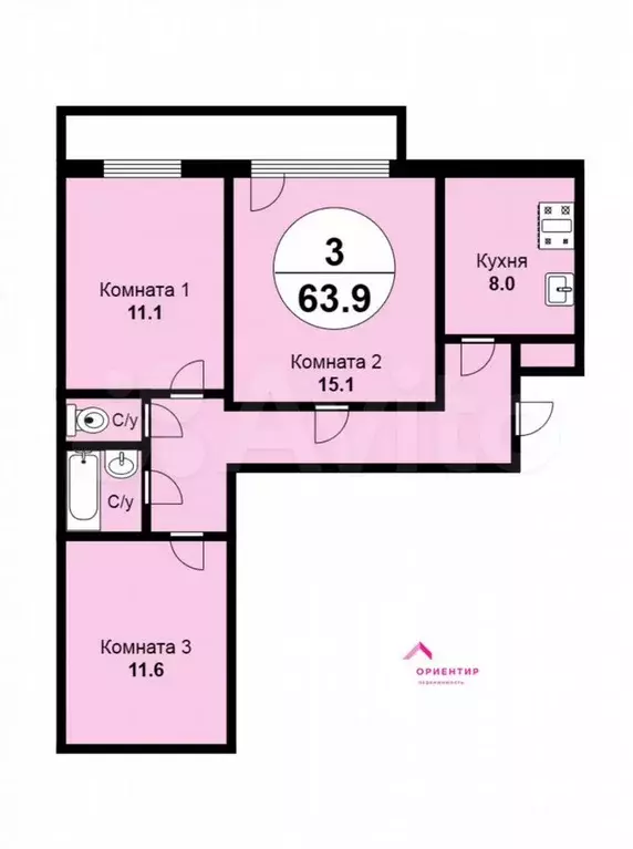 3-к. квартира, 63,8 м, 4/9 эт. - Фото 0