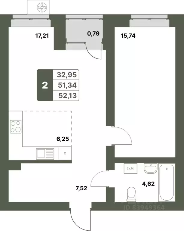 2-к кв. Башкортостан, Уфимский район, с. Миловка  (52.13 м) - Фото 1