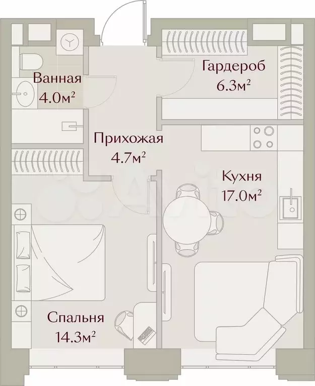 1-к. квартира, 46,3 м, 6/8 эт. - Фото 1