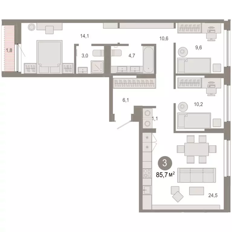 3-комнатная квартира: Тюмень, микрорайон ДОК, ЖК Октябрьский на Туре ... - Фото 1