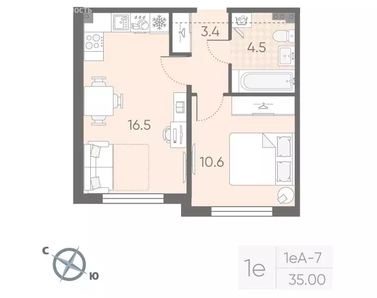 1-комнатная квартира: посёлок Шушары, ЖК Пулково Lake (35 м) - Фото 1