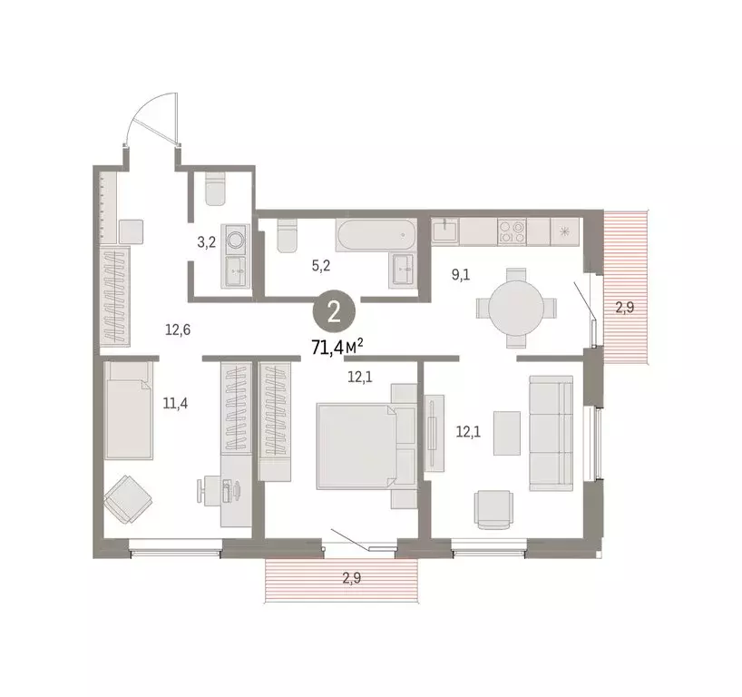 2-комнатная квартира: Курган, жилой район Центральный, ЖК Дом Кино ... - Фото 2