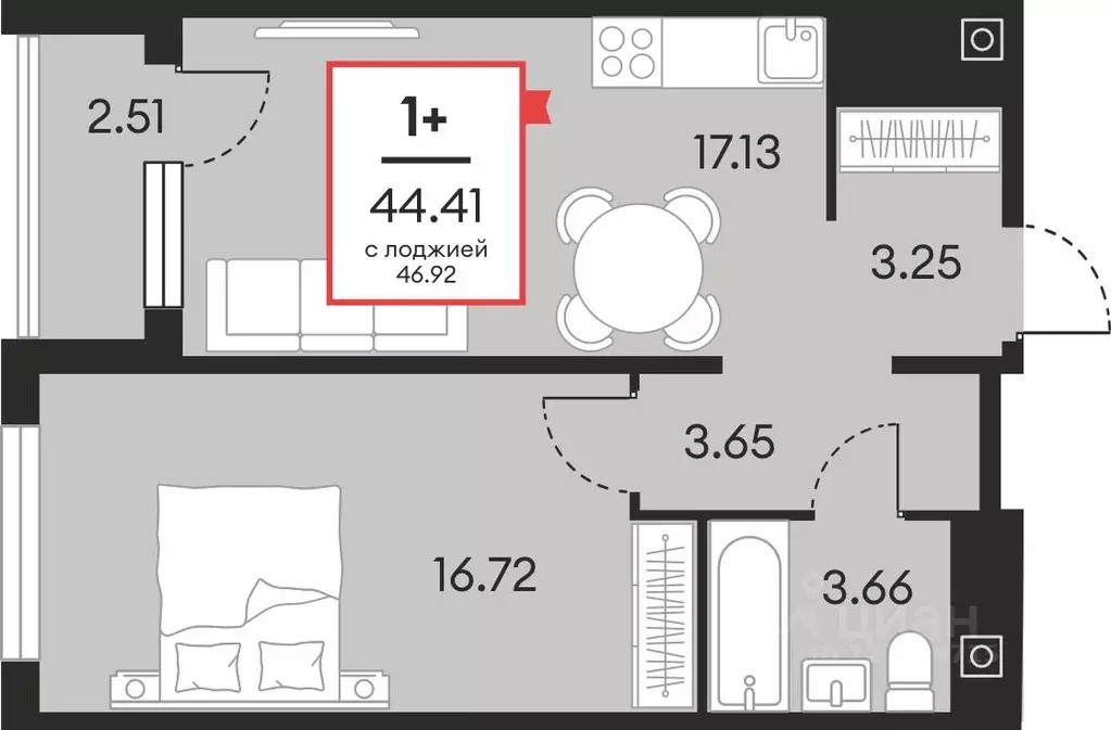 1-к кв. Ханты-Мансийский АО, Нефтеюганск ул. Нефтяников, 48А (44.41 м) - Фото 1