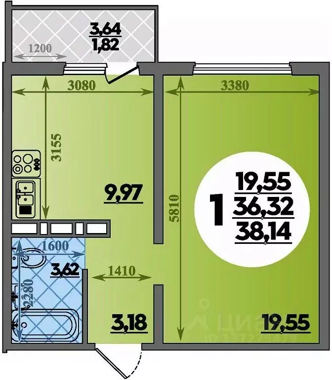 1-к кв. Ростовская область, Ростов-на-Дону ул. Костенко, 12 (38.14 м) - Фото 1