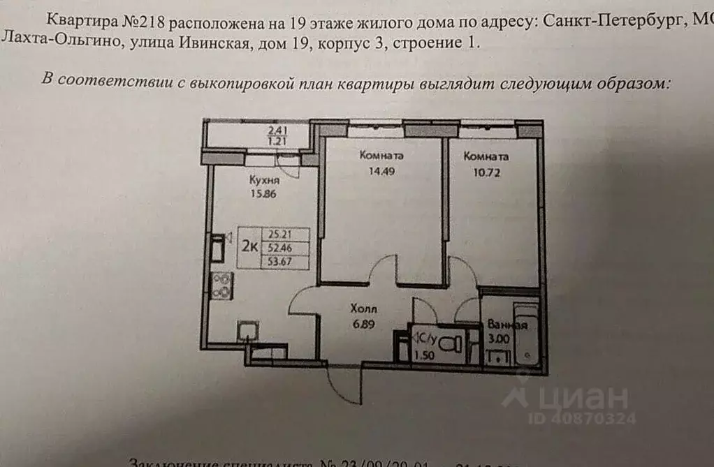 2-к кв. Санкт-Петербург ул. Ивинская, 19к1 (52.46 м) - Фото 2