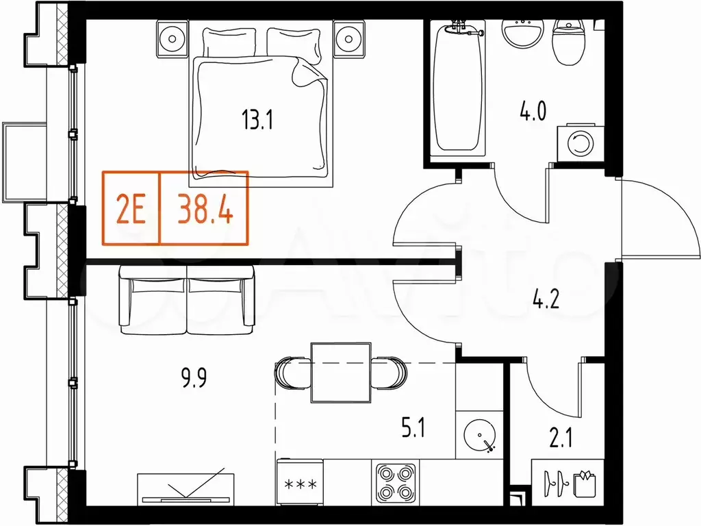 1-к. квартира, 38,4 м, 2/9 эт. - Фото 0