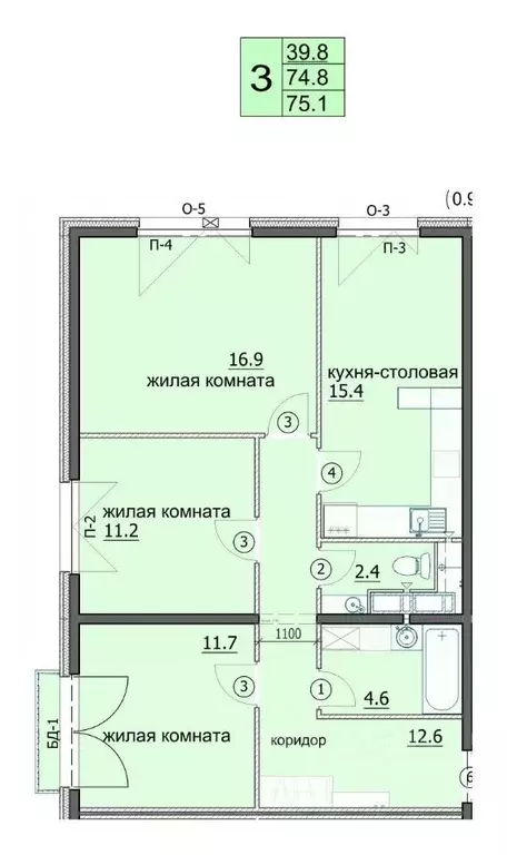 3-к кв. Пензенская область, Пенза ул. Яшиной, 8 (75.1 м) - Фото 1