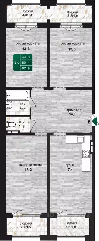 3-к кв. Алтайский край, Барнаул ул. 6-я Нагорная, 15Вк4 (87.9 м) - Фото 1