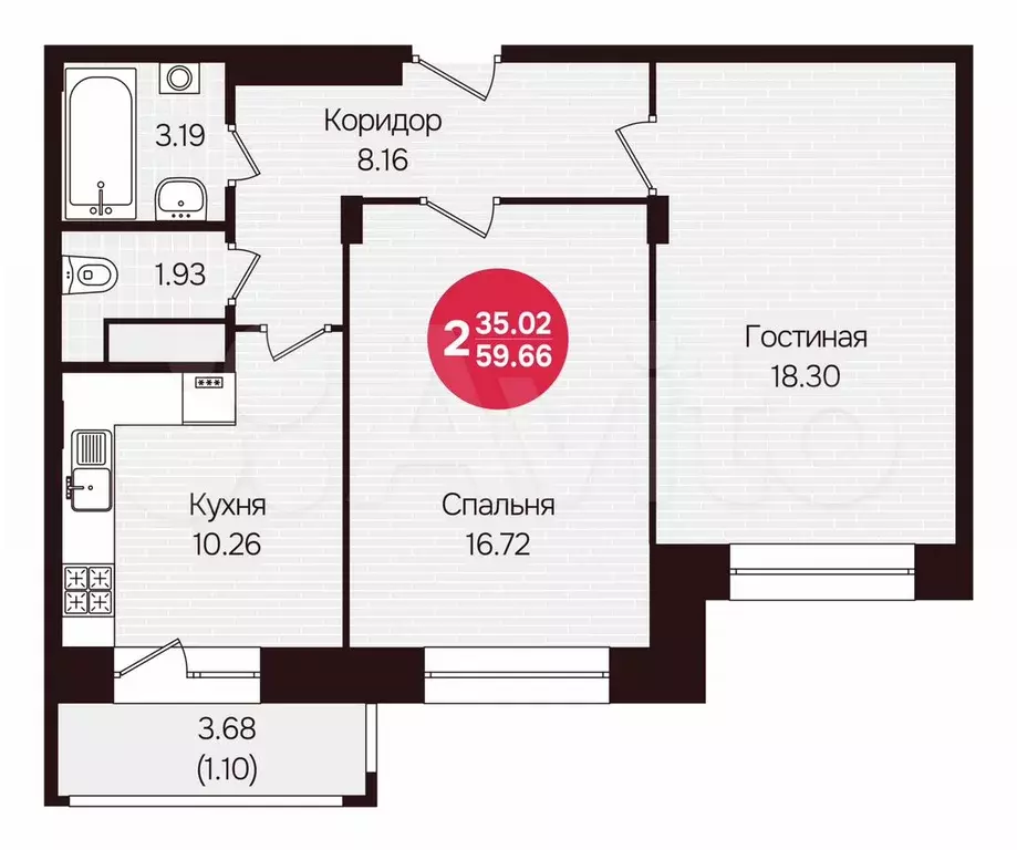 2-к. квартира, 59,7 м, 5/12 эт. - Фото 0