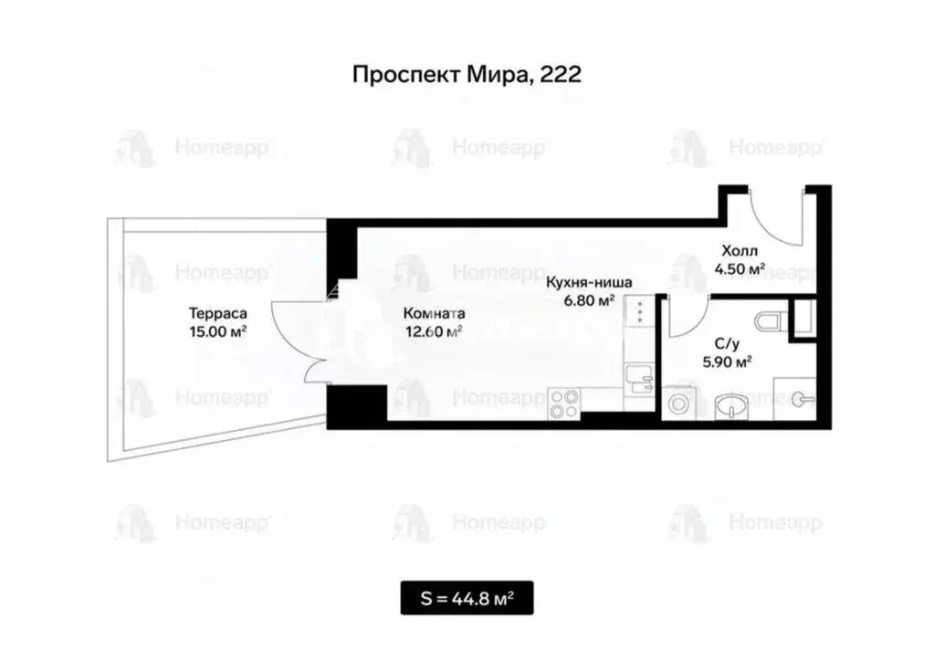 Студия Москва просп. Мира, 222/2 (44.8 м) - Фото 0