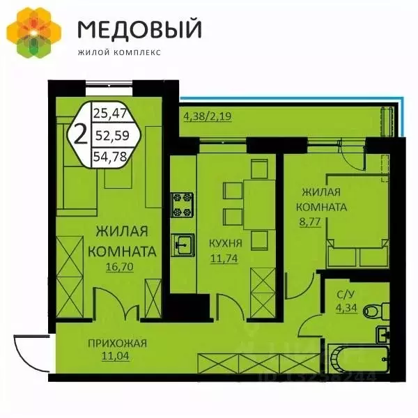 2-к кв. Пермский край, д. Кондратово ул. Н.М. Яблокова, 2 (51.2 м) - Фото 1