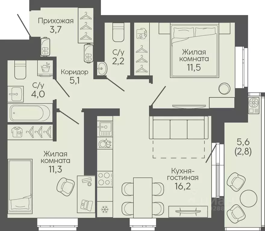 2-к кв. Волгоградская область, Волгоград Трехгорная ул., 27 (56.8 м) - Фото 1