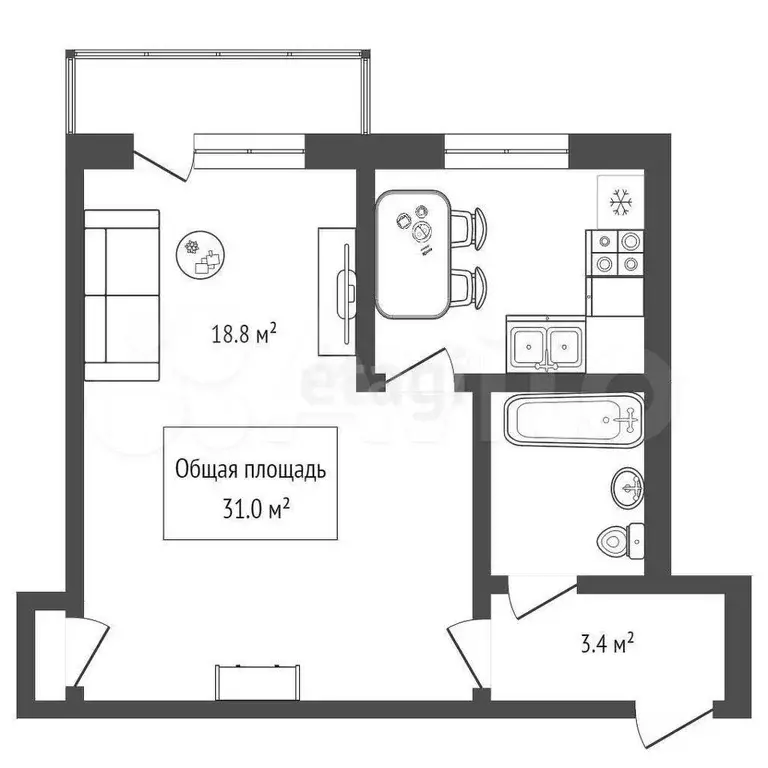 1-к. квартира, 31 м, 4/5 эт. - Фото 1