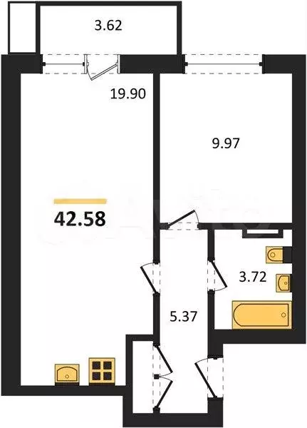 1-к. квартира, 42,6 м, 8/9 эт. - Фото 1