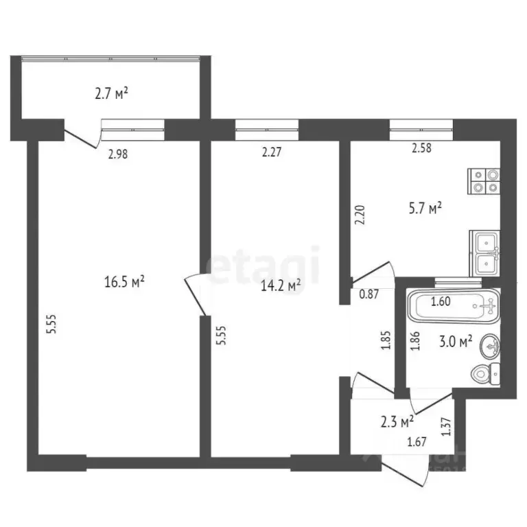 2-к кв. Самарская область, Самара ул. Гагарина, 68 (41.5 м) - Фото 1