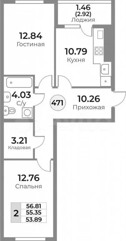 2-к. квартира, 56,8 м, 1/10 эт. - Фото 1