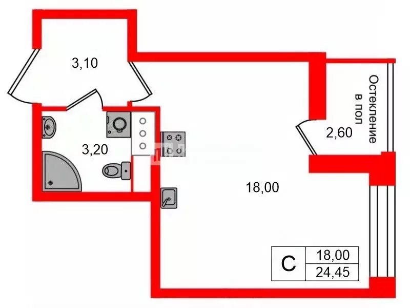Студия Санкт-Петербург 1-й Предпортовый проезд, 1 (24.45 м) - Фото 2