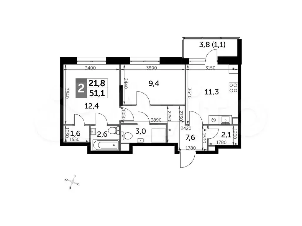 2-к. квартира, 51,1м, 4/9эт. - Фото 0