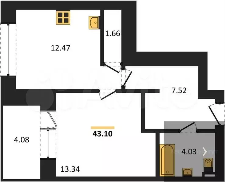 1-к. квартира, 43,1м, 8/9эт. - Фото 0