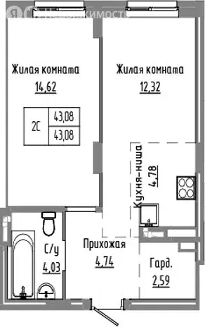 2-комнатная квартира: Краснообск, жилой комплекс Базилик (43.08 м) - Фото 1