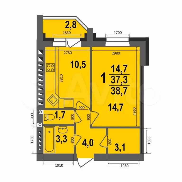 1-к. квартира, 38,7 м, 4/5 эт. - Фото 0