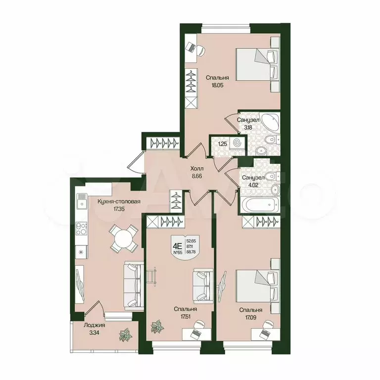 3-к. квартира, 88,8 м, 4/4 эт. - Фото 0