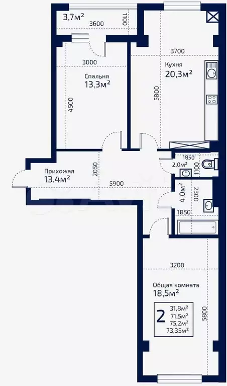 2-к. квартира, 73,4 м, 7/9 эт. - Фото 0