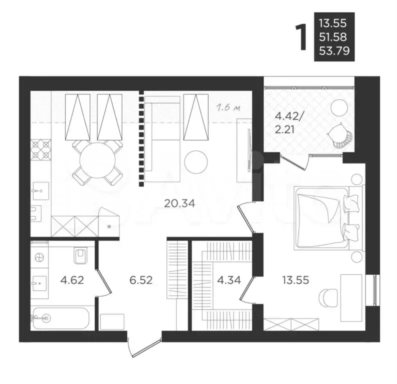 2-к. квартира, 51,6 м, 4/4 эт. - Фото 1