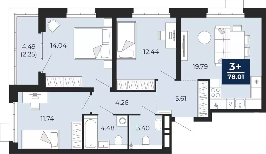 3-комнатная квартира: Тюмень, Арктическая улица, 16 (78.01 м) - Фото 0