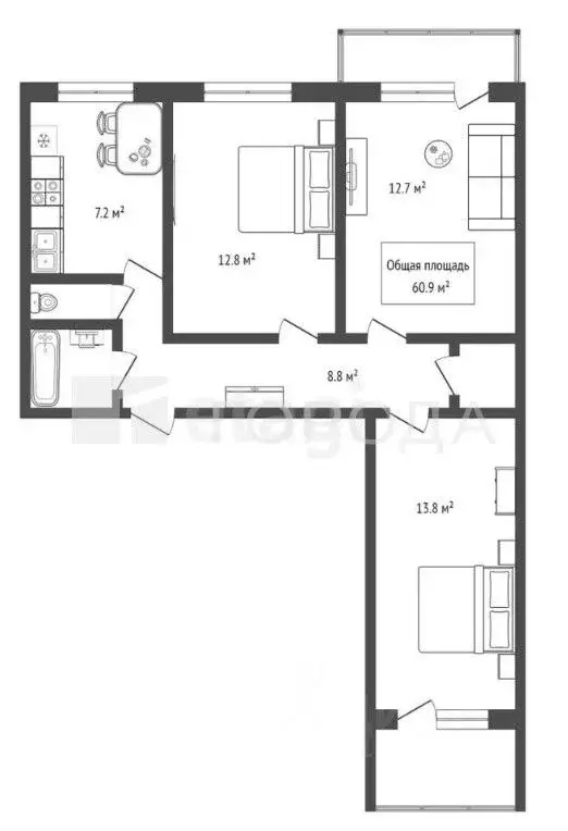 3-к кв. Новосибирская область, Новосибирск ул. Никитина, 70 (60.9 м) - Фото 1