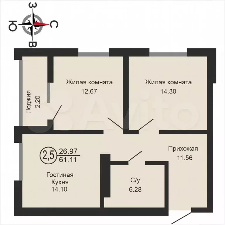 2-к. квартира, 61,1 м, 12/18 эт. - Фото 1