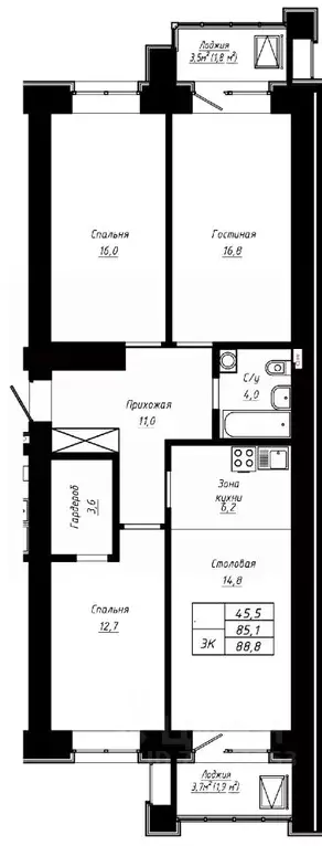 3-к кв. Алтайский край, Барнаул ул. Сухэ-Батора, 39 (88.8 м) - Фото 0