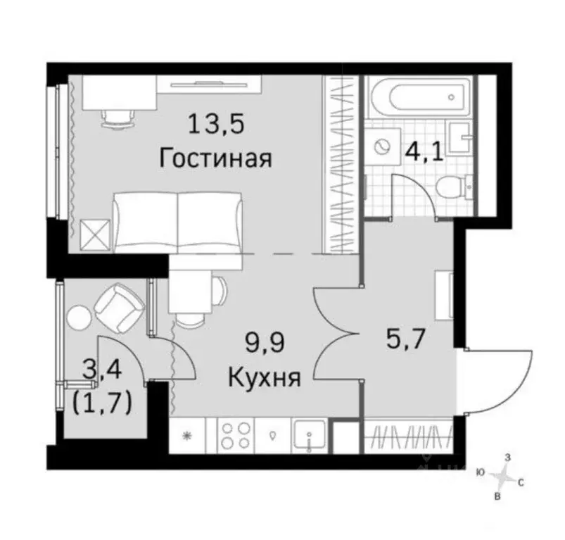 Студия Москва Строительный проезд, 9к1 (34.9 м) - Фото 2