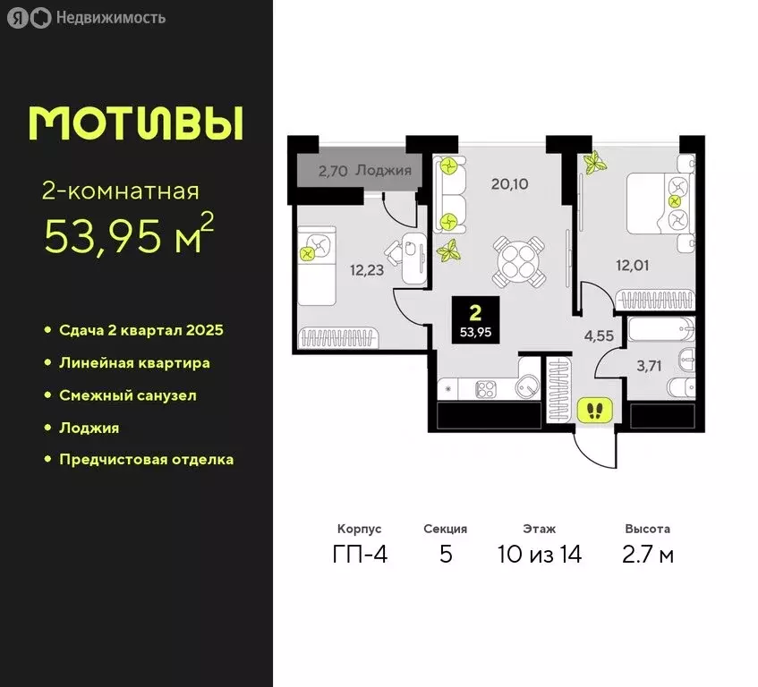 2-комнатная квартира: Тюмень, жилой комплекс Мотивы (53.95 м) - Фото 0