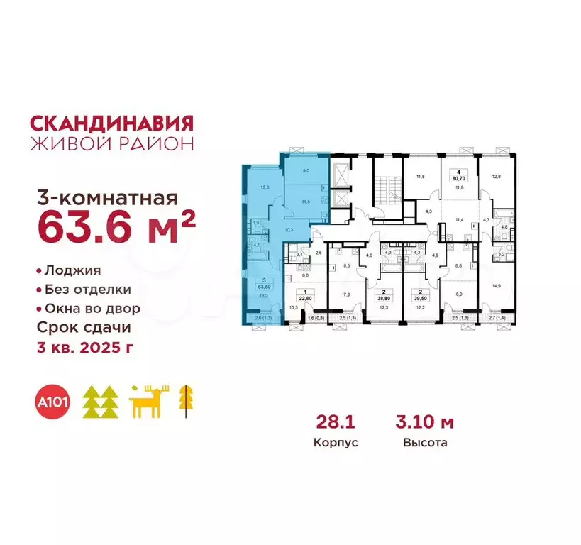 3-к. квартира, 63,6 м, 16/16 эт. - Фото 1