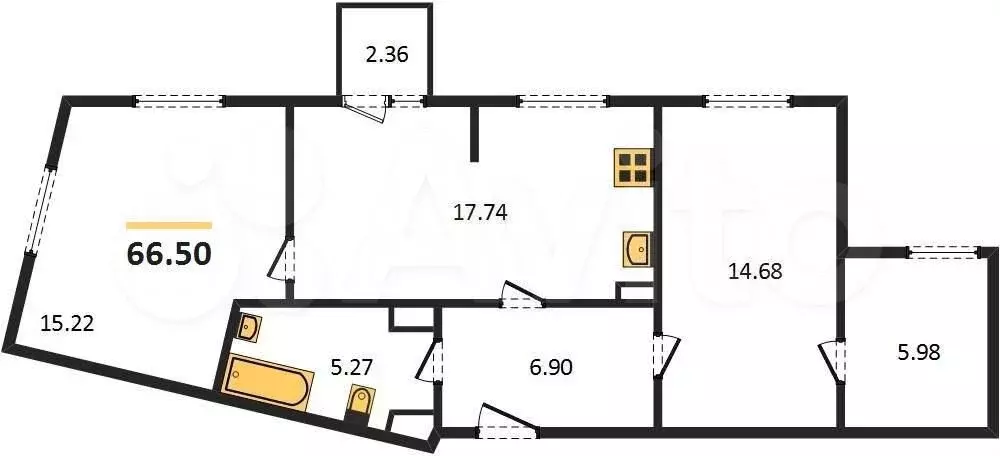 2-к. квартира, 66,5 м, 5/6 эт. - Фото 1