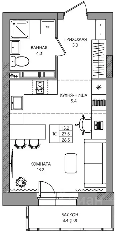 Студия Пермский край, Пермь ул. Капитана Гастелло, 15 (28.6 м) - Фото 1