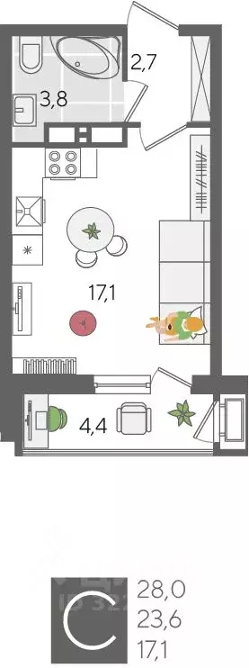 Студия Краснодарский край, Краснодар Новороссийская ул., 102И (28.0 м) - Фото 1