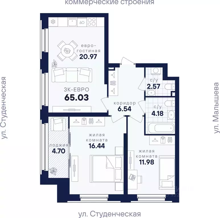 2-к кв. Свердловская область, Екатеринбург ул. Малышева, 145/4 (65.03 ... - Фото 2