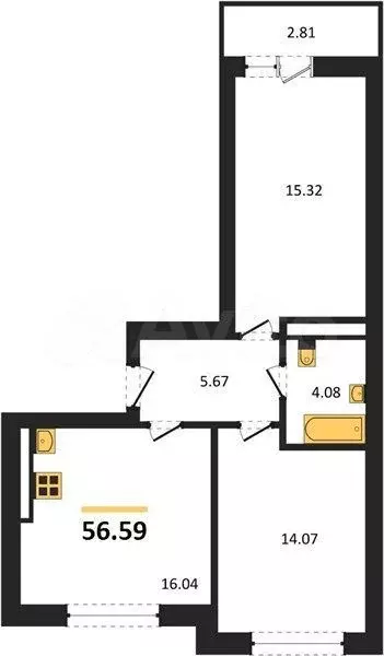 2-к. квартира, 56,6 м, 6/9 эт. - Фото 1