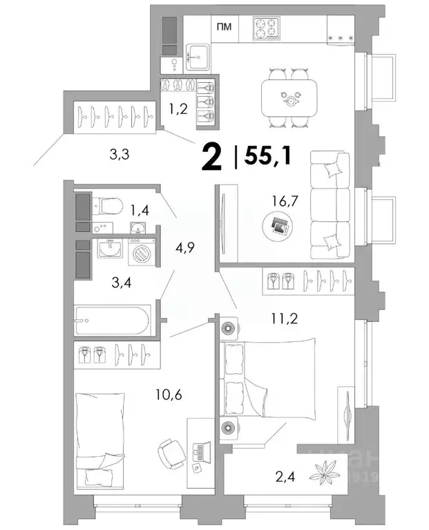 2-к кв. Владимирская область, Владимир Уно жилой комплекс (55.1 м) - Фото 1