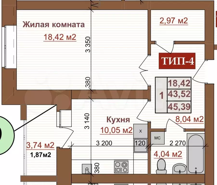 1-к. квартира, 47,1 м, 3/4 эт. - Фото 0